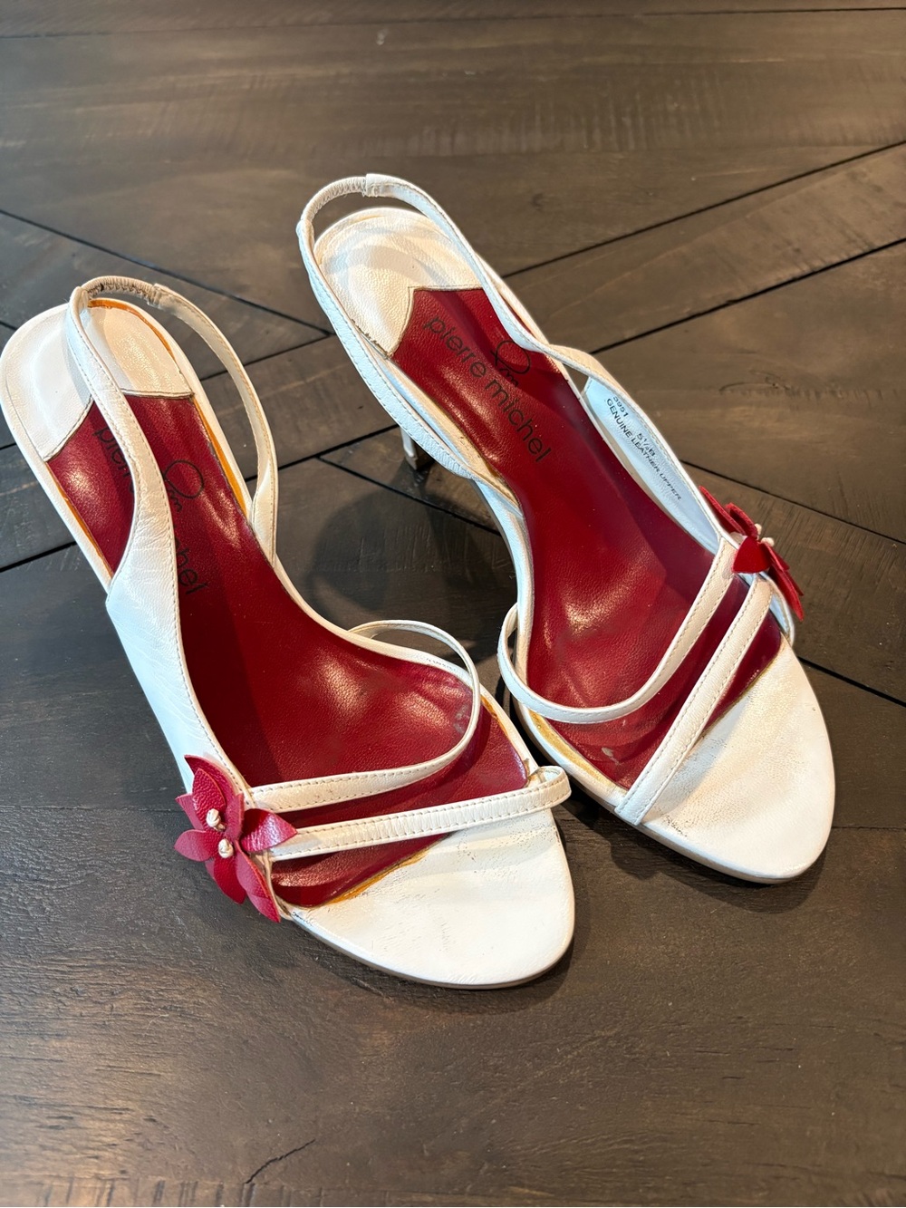 Pierre Michel White Slingback Heels with Red Insole and Red LeatherFlower Accent